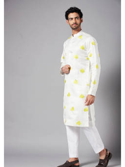 HILO DESIGN - Mogra - White Embroidered Linen Satin Kurta