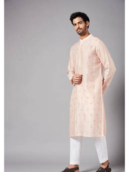 HILO DESIGN - Moori - Peach Embroidered Raw Silk Kurta