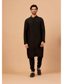 HILO DESIGN - Black Plain - Falling Raw Silk Kurta