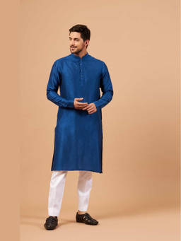 HILO DESIGN - Blue Plain - Falling Raw Silk Kurta