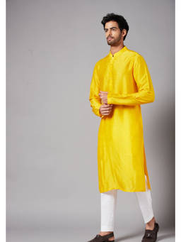 HILO DESIGN - Yellow Plain - Falling Raw Silk Kurta