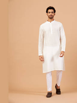 HILO DESIGN - Bright White - Plain Semi Raw Silk Kurta