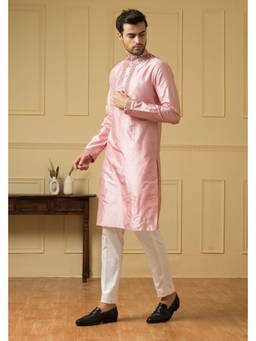 HILO DESIGN - Elegencia - Pink Hand Mirror Embroidered Kurta