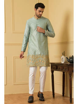 HILO DESIGN - Aura - Blue Zari Embroidered Silk Kurta