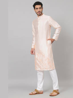 HILO DESIGN - Abrikos - Peach Embroidered Semi Raw Silk Kurta
