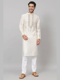 HILO DESIGN - Rein - Off White Embroidered Semi Raw Silk Kurta