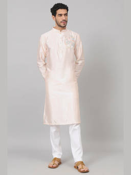 HILO DESIGN - Taozi - Peach Embroidered Semi Raw Silk Kurta