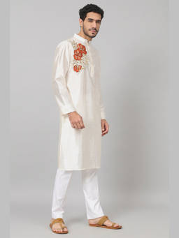 HILO DESIGN - Beju - Off White Embroidered Semi Raw Silk Kurta