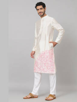 HILO DESIGN - Off White Embroidered Semi Raw Silk Kurta
