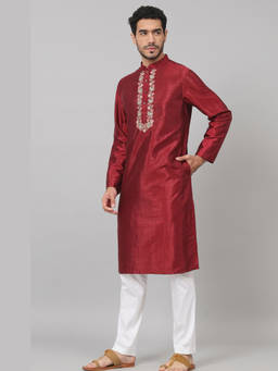 HILO DESIGN - Claret - Maroon Embroidered Semi Raw Silk Kurta