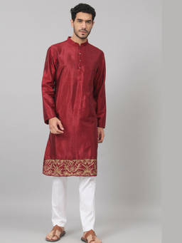 HILO DESIGN - Rubyino - Maroon Embroidered Semi Raw Silk Kurta