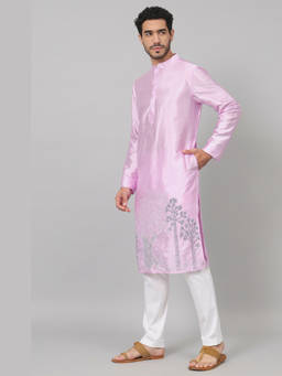 HILO DESIGN - Lila - Lavender Embroidered Semi Raw Silk Kurta