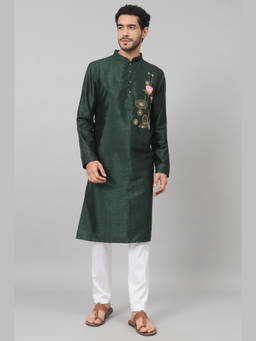 HILO DESIGN - Varen - Green Embroidered Semi Raw Silk Kurta