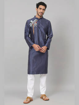 HILO DESIGN - Sapp - Blue Embroidered Semi Raw Silk Kurta