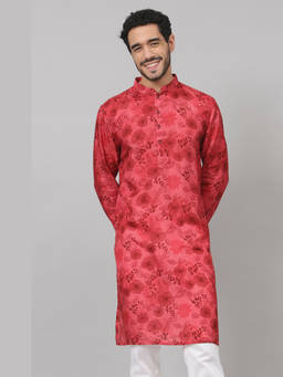 HILO DESIGN - Blossomage - Red Floral Print Silk Kurta