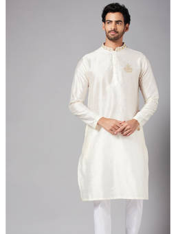 HILO DESIGN - Ecru - White Embroidered Cotton Satin Kurta