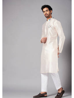 HILO DESIGN - Gajanan - Peach Embroidered Cotton Satin Kurta