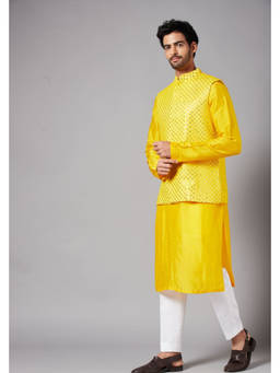 HILO DESIGN - Yellot Yellow Nehru Jacket with Kurta and Pant