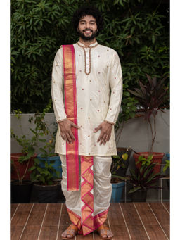 HILO DESIGN - Classic Off-White Pattu Kurta with Pattu Dhoti