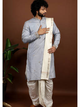 HILO DESIGN - Gracia Grey Pattu Kurta with Dhoti and Kanduva