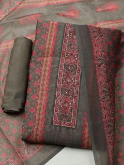 MEENA BAZAAR - Printed Grey Chanderi Unstitched Kurta with Bottom and Dupatta