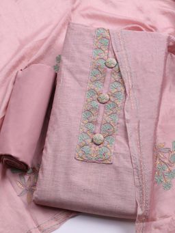 MEENA BAZAAR - Embroidered Pink Cotton Unstitched Kurta with Bottom and Dupatta