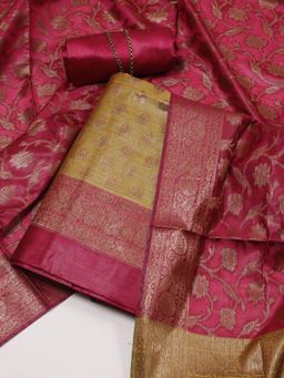 MEENA BAZAAR - Printed Mustard Chanderi Unstitched Kurta with Bottom and Dupatta