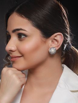Saraf RS Jewellery - Silver Plated CZ Studded Pearl minimal Studs Earrings