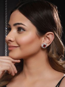 Saraf RS Jewellery - Silver Plated Red AD Studded Minimal Studs Earrings