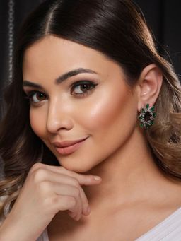 Saraf RS Jewellery - Silver Plated Green CZ Studded Minimal Hoops Earrings