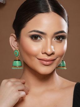 Saraf RS Jewellery - Green Turquoise Hand Painted Enamelled Jhumka Earrings