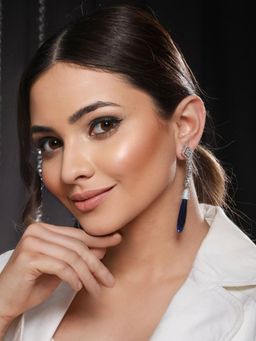 Saraf RS Jewellery - Silver Plated Blue AD studded Drop Earrings