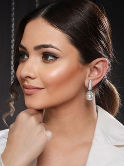 Saraf RS Jewellery - Silver toned Pearl Statement Drop Minimal Drop Earrings