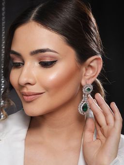 Saraf RS Jewellery - Silver Plated Green AD Studded Statement Drop Earrings