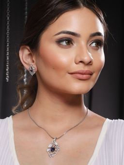 Saraf RS Jewellery - Silver Plated Blue AD Studded Floral Designer Pendant Jewellery Set