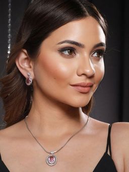 Saraf RS Jewellery - Silver Toned Pink CZ Studded Luxe Minimal Locket Jewellery Set