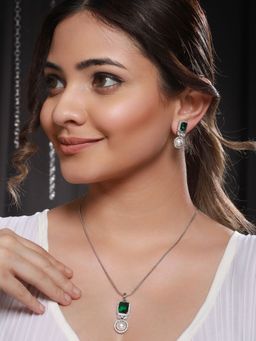 Saraf RS Jewellery - Silver Plated Green CZ Studded Pearl Beaded Minimal Locket Jewellery Set