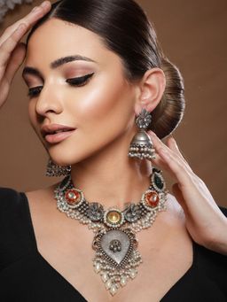 Saraf RS Jewellery - Silver Toned Oxidised Pearl Beaded Fusion Choker Jewellery Set