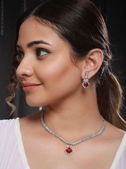Saraf RS Jewellery - Silver Toned Red CZ Studded Minimal Designer Jewellery Set