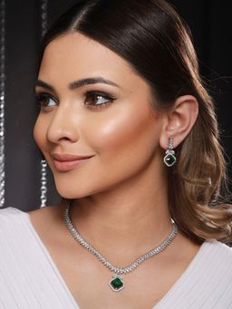 Saraf RS Jewellery - Silver Plated Green CZ Studded Minimal Pendant Jewellery Set