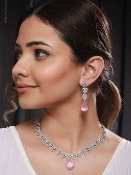 Saraf RS Jewellery - White Rhodium Pink AD Studded Luxe Minimal Jewellery Set