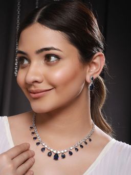 Saraf RS Jewellery - Silver Plated Blue CZ Studded Minimal Luxe Jewellery Set
