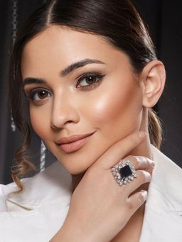 Saraf RS Jewellery - Silver Plated Blue CZ Studded Cocktail Designer Finger Ring
