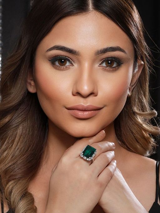 Saraf RS Jewellery Silver Plated Green CZ Studded Cocktail Luxe Finger Ring