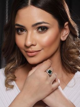 Saraf RS Jewellery - Silver Plated Green AD Embellished minimal Engagement Ring