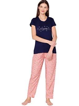 Bodycare - Womens Modal Spandex Printed T-Shirt & Pyjama BSLS15003 Navy Blue (Set of 2)