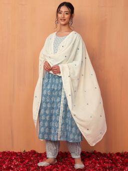 Indya - Light Blue Printed Cotton Kurta with Pants and Dupatta (Set of 3)