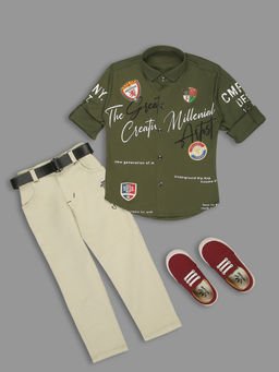 Kids Island - Boys Olive Tensil Lycra Shirt with Knitted Pant (Set of 2)