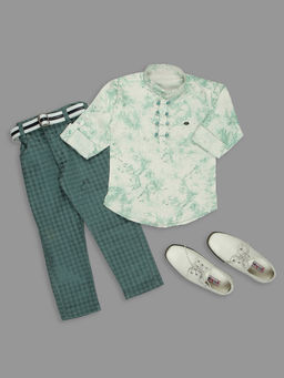 Kids Island - Boys Light Green Rayon Print Shirt with Velvet Check Bottom (Set of 2)