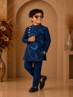Elaisha - Boys Navy Blue Polyester Kurta with Pyjama